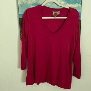 Johnny was, 3/4 sleeve length t-shirt, cranberry color, v neck